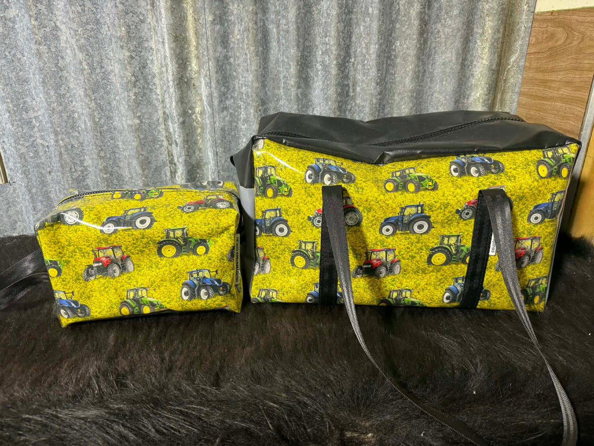 Ready made Overnight bag and toiletry bag set - Tractors in canola