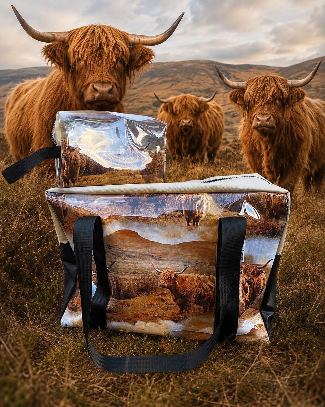 PVC MEDIUM overnight bag and Toiletry bag set - Highland Cows
