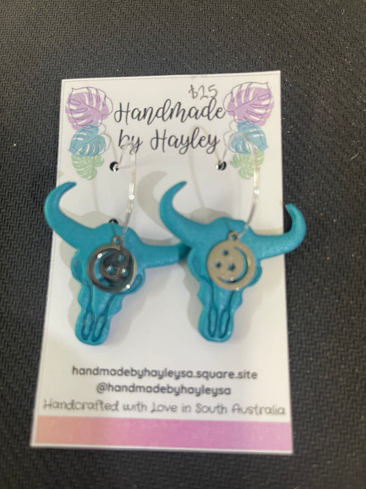 Earrings - Boho Cow Skull Dangles - blue